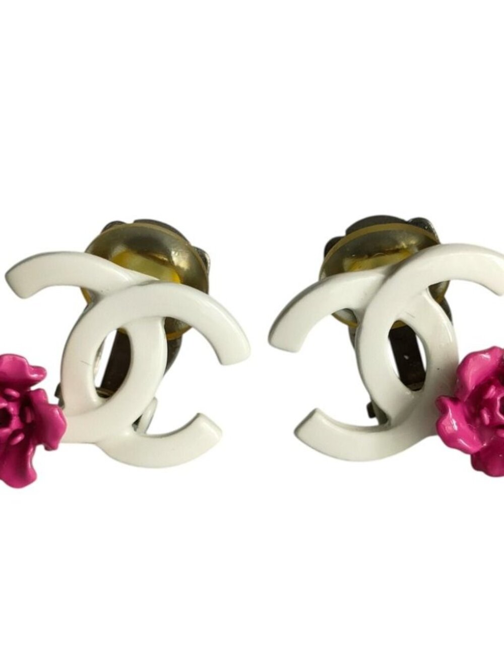 Chanel Camellia CC Logo Motif Clip Earrings White Pink